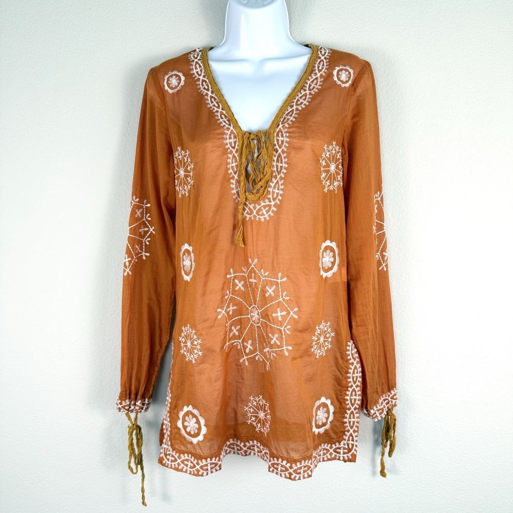 Burnt Orange Embroidered Tunic Top Womens Small Austin Texas Boho Game Day Beach